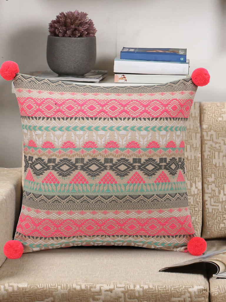 Coral & Multi Acrylic Lurex Jacquard Ethnic Motifs Cushion Cover with Pompoms (16x16in)