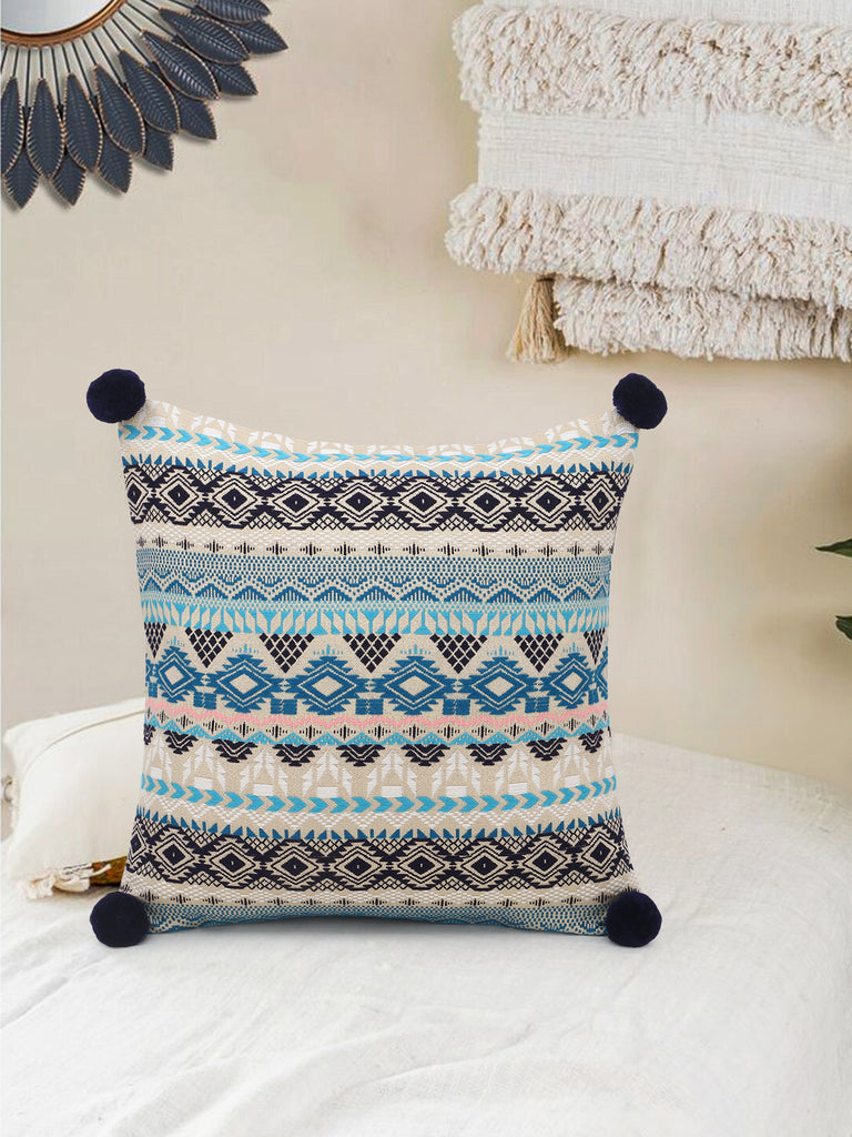 Blue & Multi Acrylic Lurex Jacquard Ethnic Motifs Cushion Cover with Pompoms (16x16in)