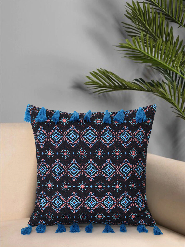 Chintz Blue & Multi Color Polycotton Ethnic Motifs Digital Printed Cushion Cover with Tassels (16x16 inch)