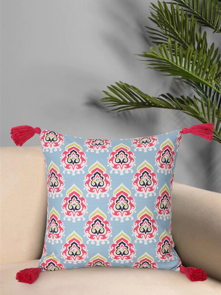 Chintz Grey & Multi Color Polycotton Damask Digital Printed Cushion Cover with Tassels (16x16 inch)