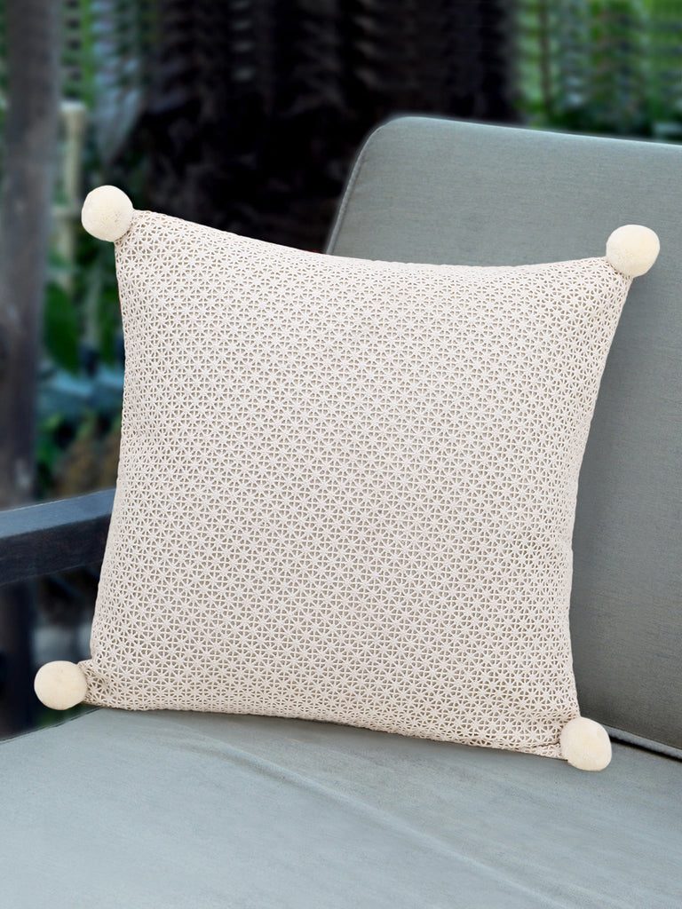 Natural Cotton Self Design Cushion Cover with Pompoms (16x16in)