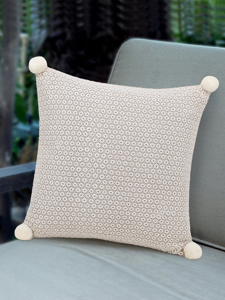 Natural Cotton Self Design Cushion Cover with Pompoms (16x16in)