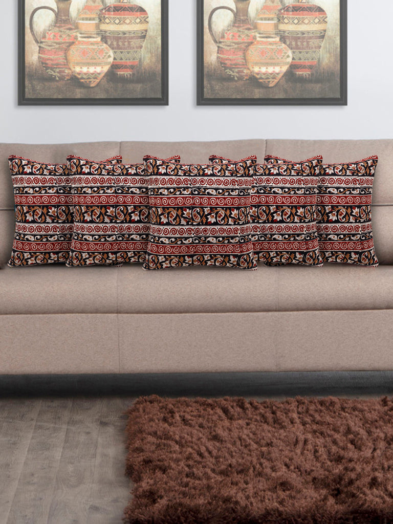 Artsy Black and Maroon Cotton Block Print Kalamkari Cushion Cover (Set of 5)