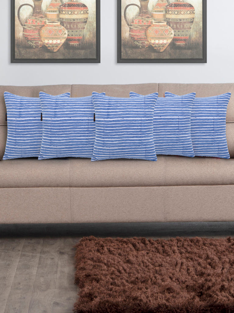 Artsy Blue and White Cotton Block Print Striped Cushion Cover (Set of 5)