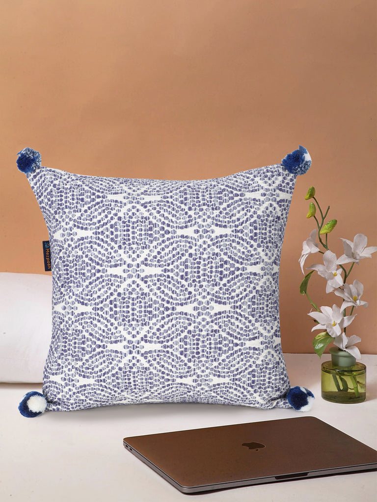 Tribal White & Blue Color Cotton Jacquard Geometric Cushion Cover with Pom Poms (16x16 inch)