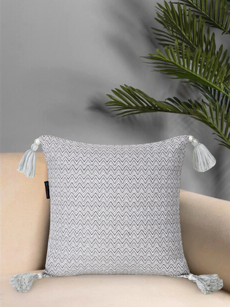 Acoustic Grey & White Color Polycotton Jacquard Chevron Cushion Cover with Tassels (16x16 inch)