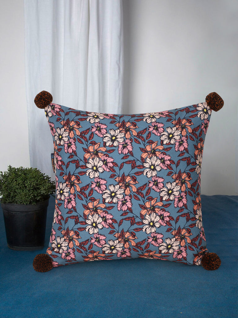 Chintz Grey & Multi Color Polycotton Floral Digital Printed Cushion Cover with Pom Poms (16x16 inch)