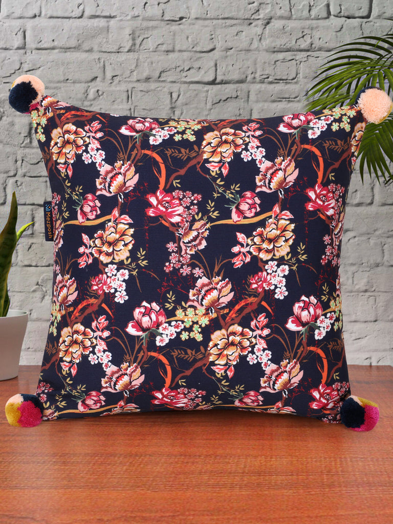 Chintz Navy & Multi Color Polycotton Floral Digital Printed Cushion Cover with Pom Poms (16x16 inch)