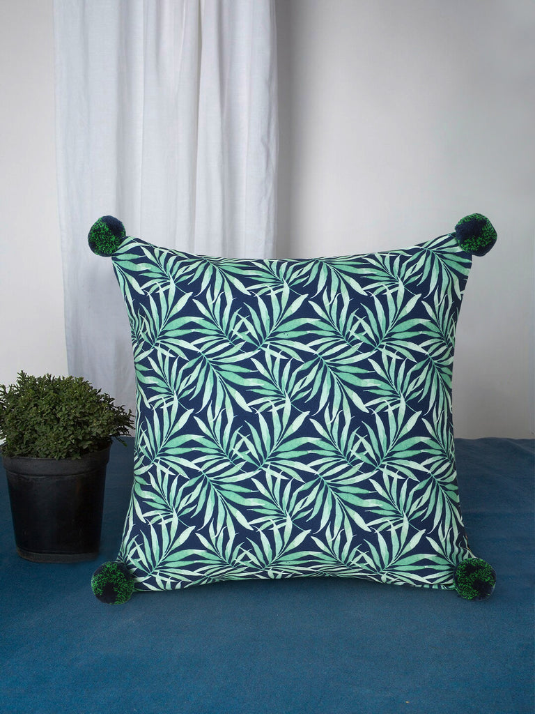 Chintz Green & Navy Color Polycotton Botanical Digital Printed Cushion Cover with Pom Poms (16x16 inch)