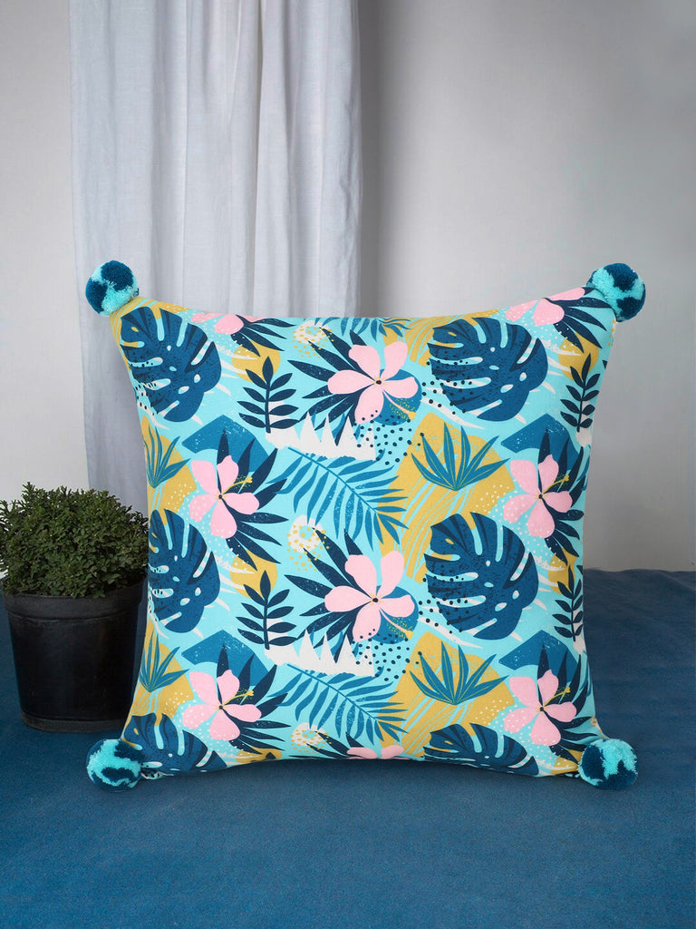 Chintz Turquoise & Multi Color Polycotton Botanical Digital Printed Cushion Cover with Pom Poms (16x16 inch)