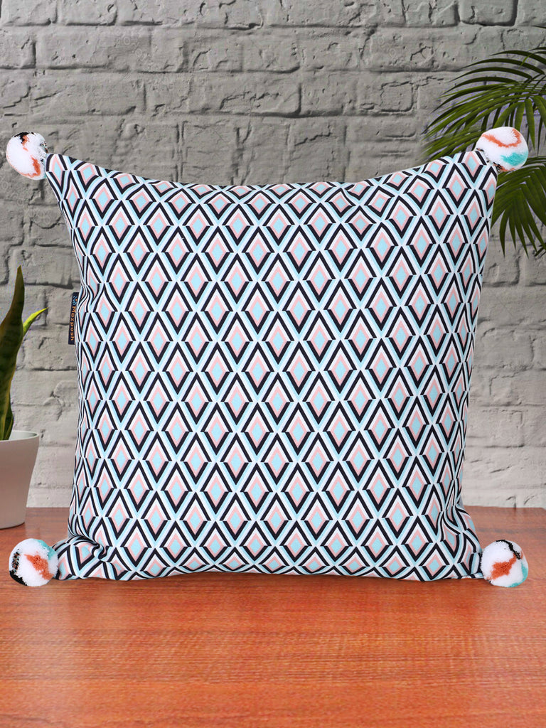 Chintz Grey & Multi Color Polycotton Diamond Digital Printed Cushion Cover with Pom Poms (16x16 inch)