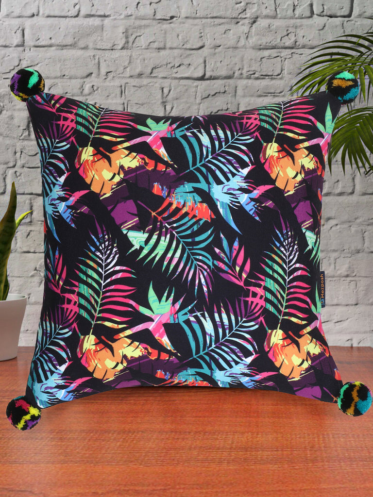 Chintz Black & Multi Color Polycotton Botanical Digital Printed Cushion Cover with Pom Poms (16x16 inch)