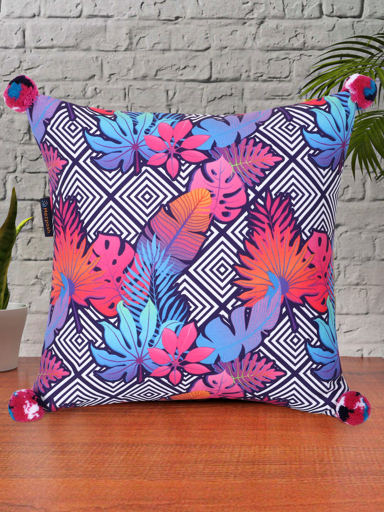 Chintz Pink & Multi Color Polycotton Quirky Digital Printed Cushion Cover with Pom Poms (16x16 inch)