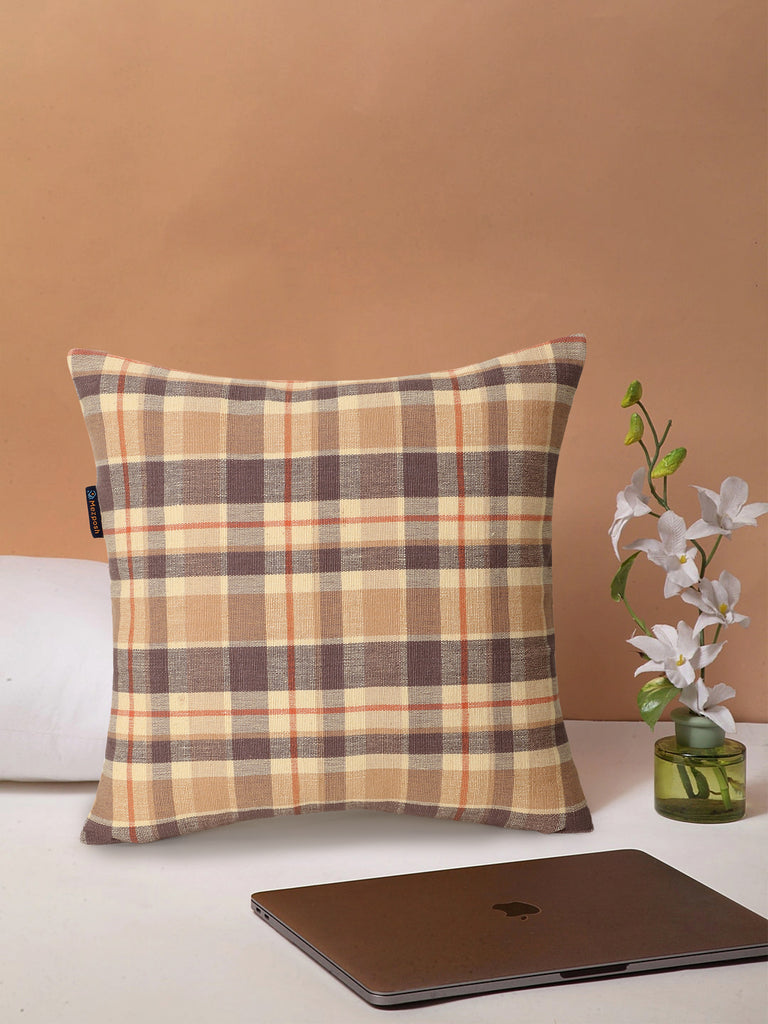 Maverick Beige & Multi Color Cotton Checkered Seating Cushion Cover (18x18 inch)