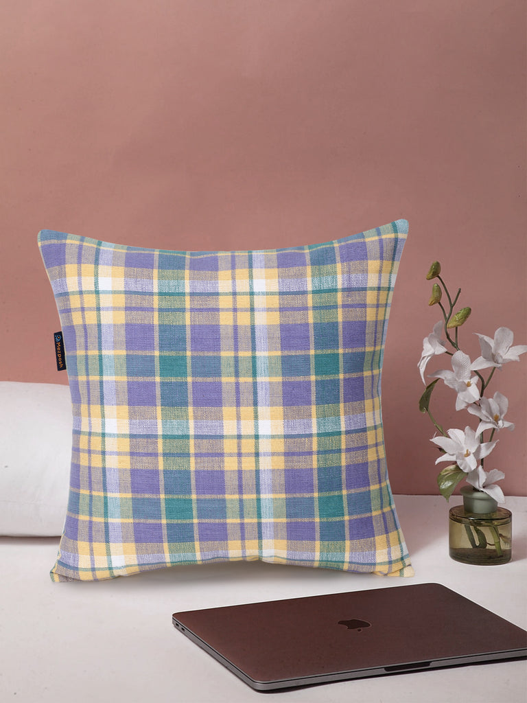 Maverick Purple & Multi Color Cotton Checkered Seating Cushion Cover (18x18 inch)