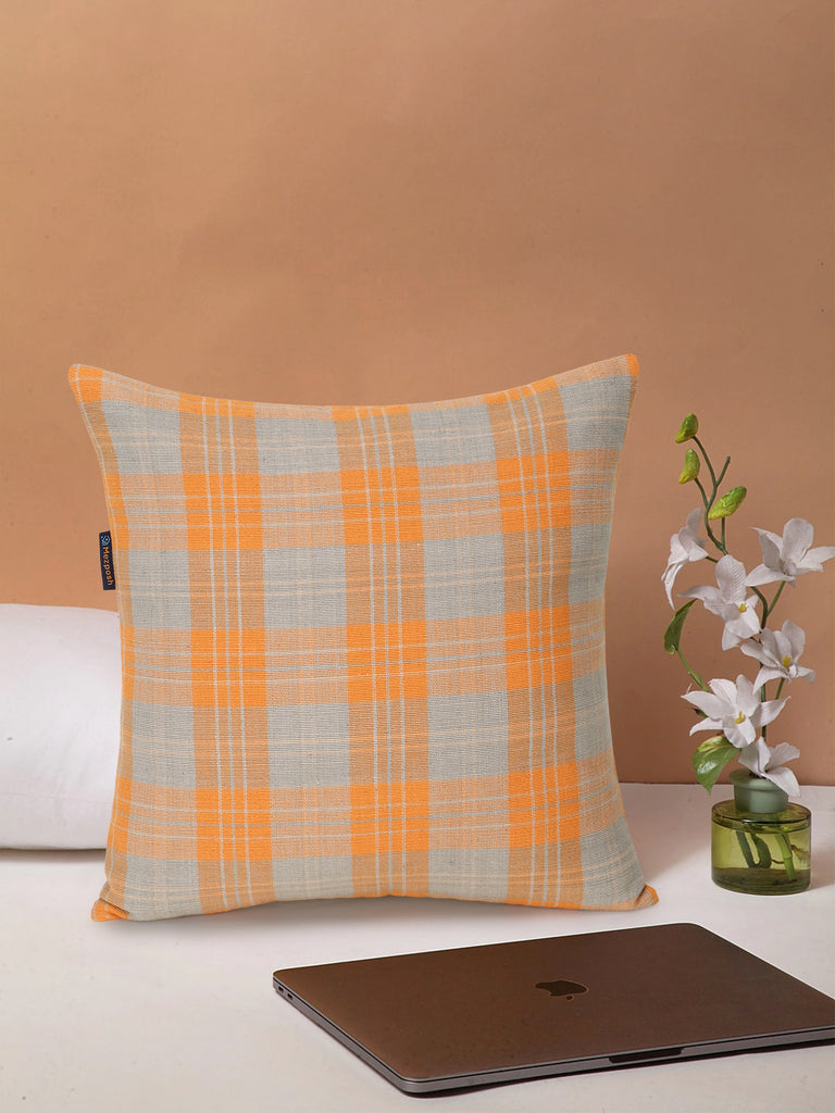 Maverick Orange & Multi Color Cotton Checkered Seating Cushion Cover (18x18 inch)