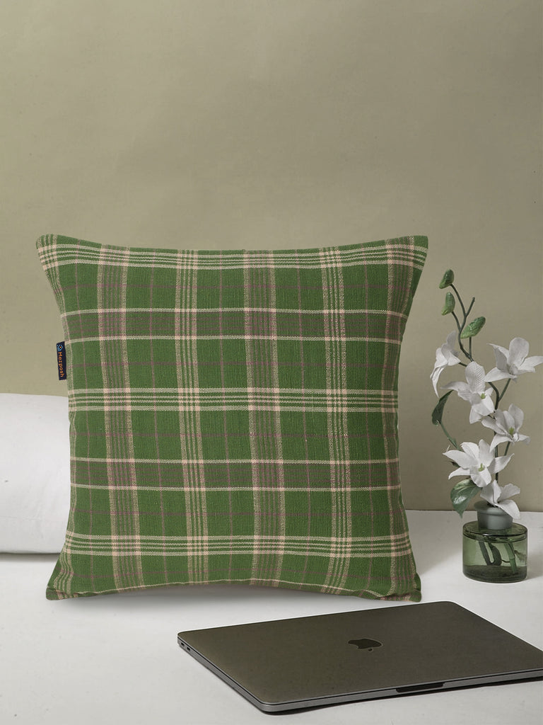 Maverick Green & Multi Color Cotton Checkered Seating Cushion Cover (18x18 inch)