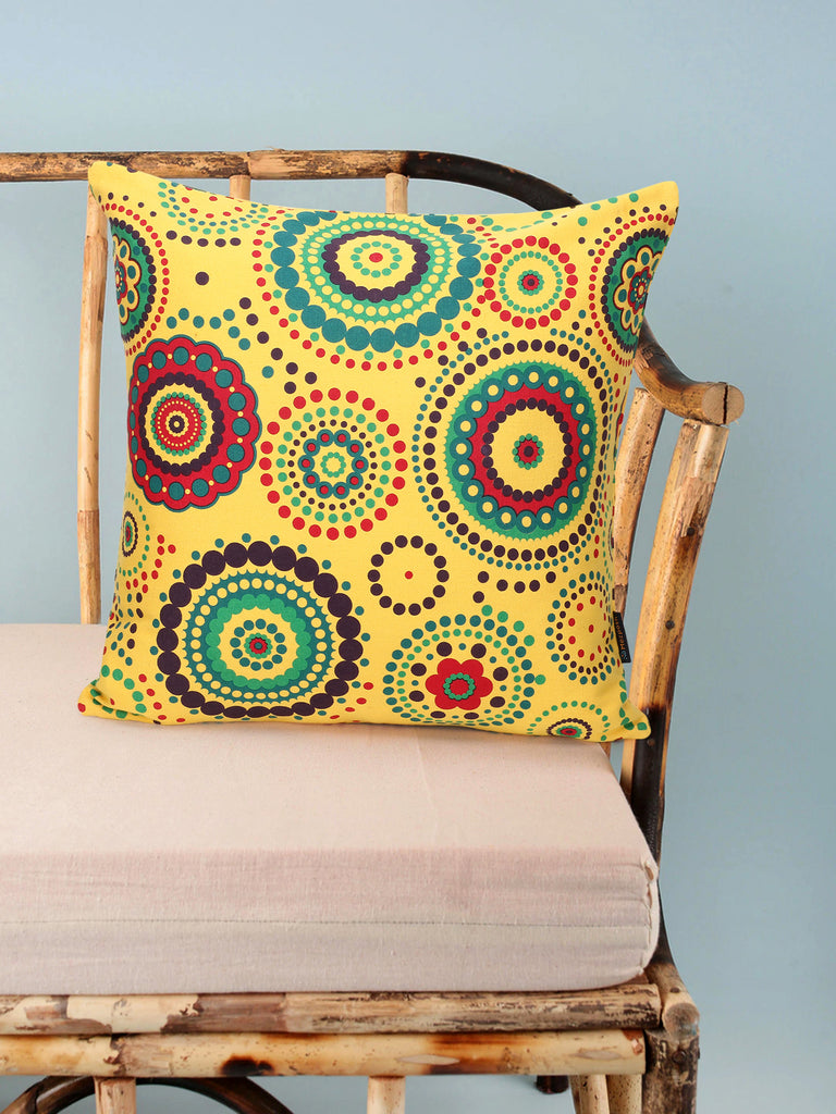 Nomad Bright Yellow & Multi Color Cotton Canvas Mandala Printed Floor Cushion Cover (20x20 inch)