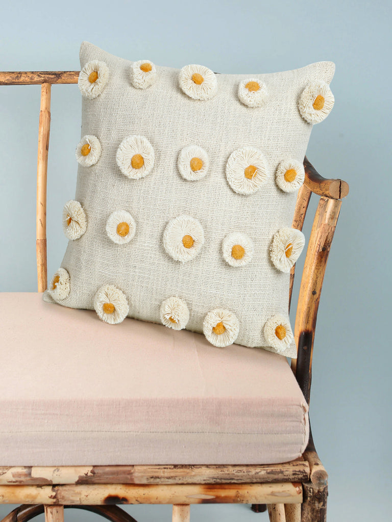 Rustic Natural & Mustard Polka Cotton Cushion Cover (16"x16")