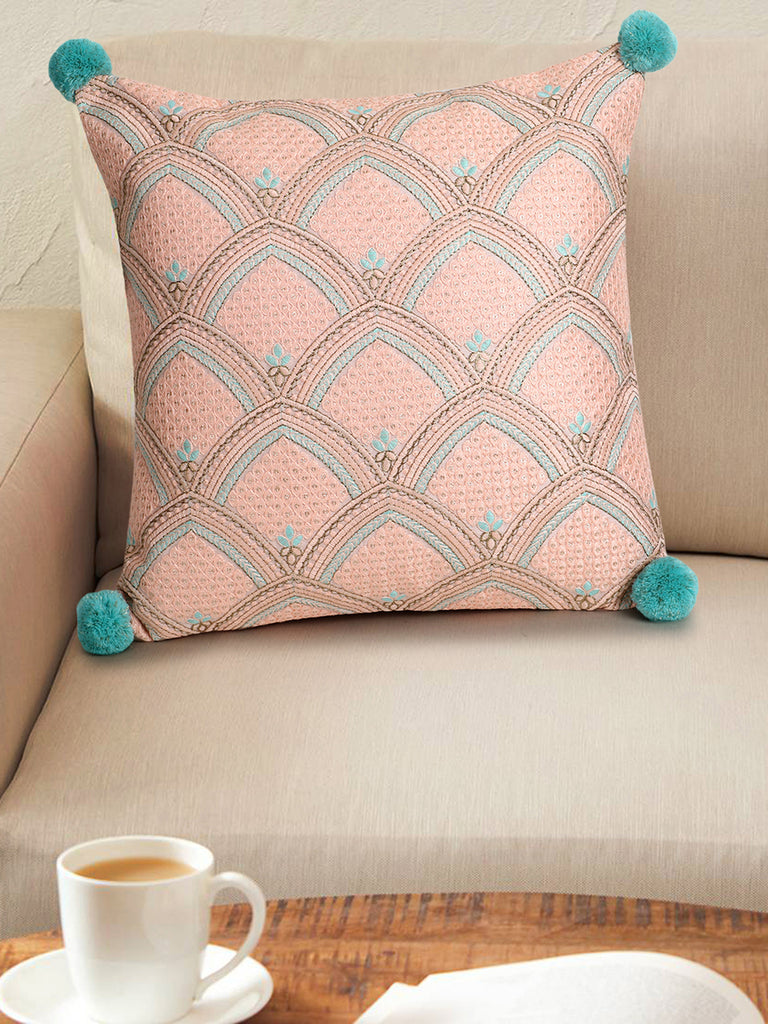 Tribal Coral & Sea Green Ethnic Motifs Embroidered Faux Silk Cushion Cover (16"x16")