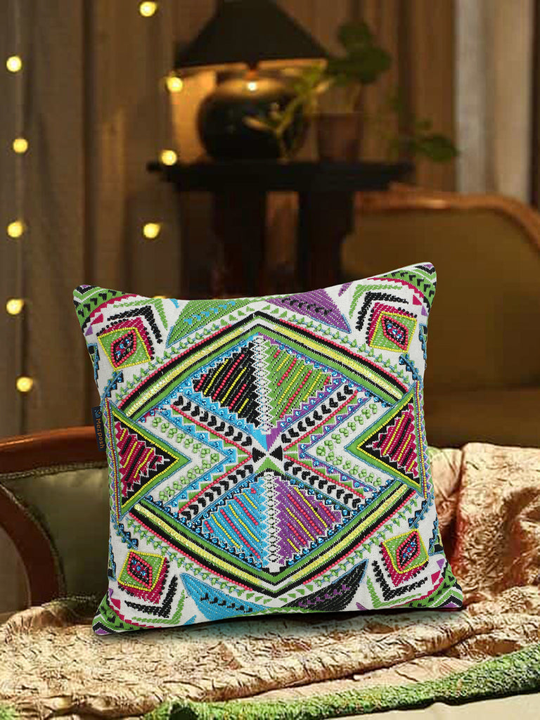 Tribal Natural & Multi Ethnic Motifs Embroidered Cotton Cushion Cover (14"x14" )