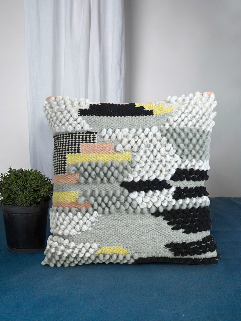 Nomad Grey & Multi Abstract Woven Acro Wool Cushion Cover (16"x16")