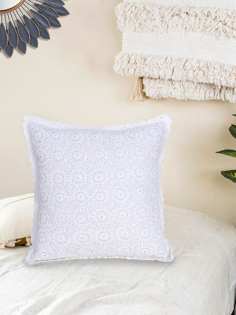 Cohort White Cotton Self Design Textured-Hand made Croatia Cushion Cover (16"x16")