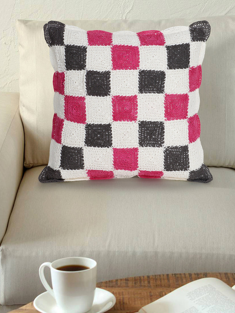 Cohort White Pink & Grey Cotton Checkered Textured-Hand made Croatia Cushion Cover (16"x16")