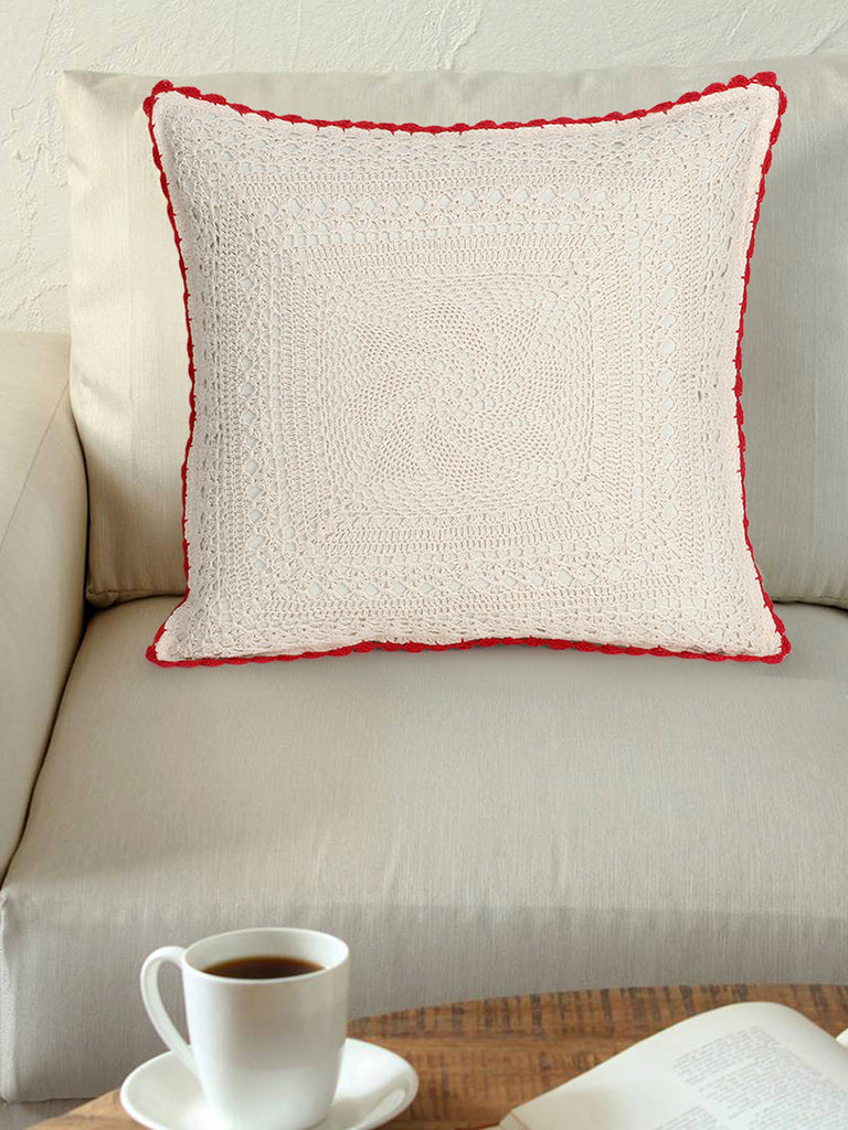 Cohort Cream & Red Cotton Self Design Textured-Hand made Croatia Cushion Cover (16"x16")