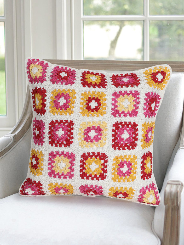 Cohort White & Multi Cotton Checkered Textured-Hand made Croatia Cushion Cover (16"x16")