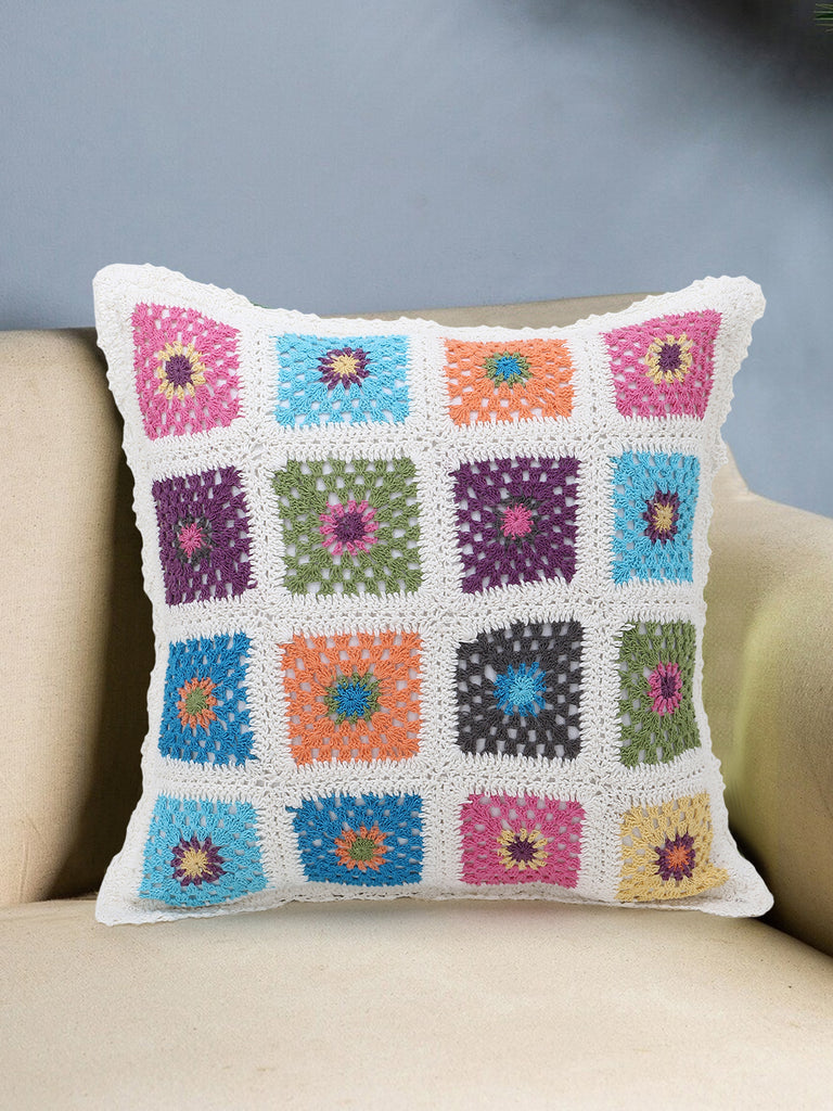 White & Multi Cotton Checkered Crochet Cushion Cover (18x18in)