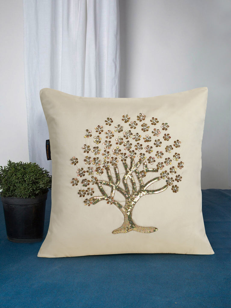 Dazzle Cream & Gold Floral Embellished Satin Cushion Cover (16"x16")