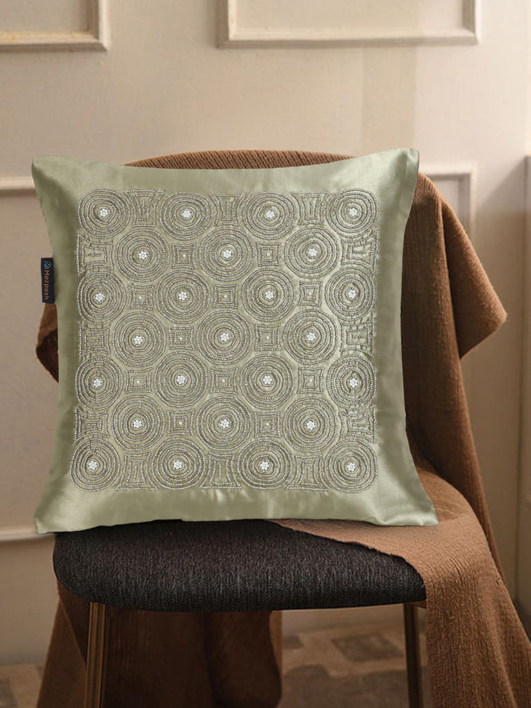 Dazzle Olive Green & White Ogee Embellished Satin Cushion Cover (16"x16")