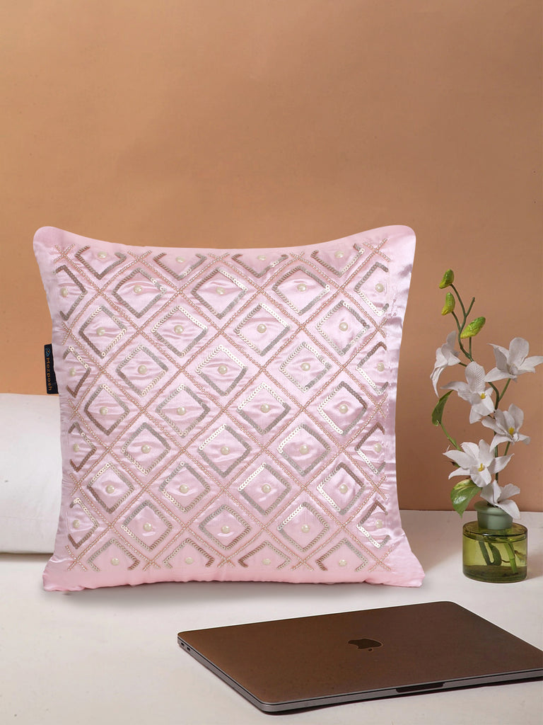 Dazzle Baby Pink Geometric Embellished Satin Cushion Cover (14"x14")