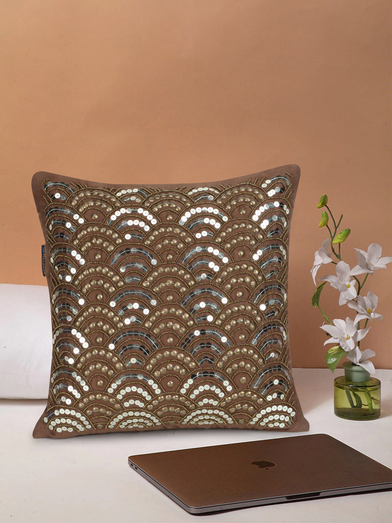 Dazzle Camel Brown & Metallic Mosaic Embellished Suede Cushion Cover (16"x16")