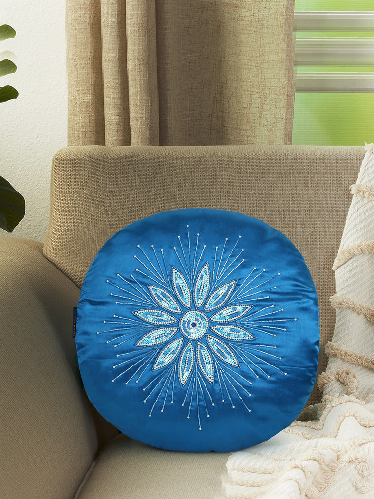 Dazzle Royal Blue & White Floral Mandala Embellished Satin Cushion Cover (16")