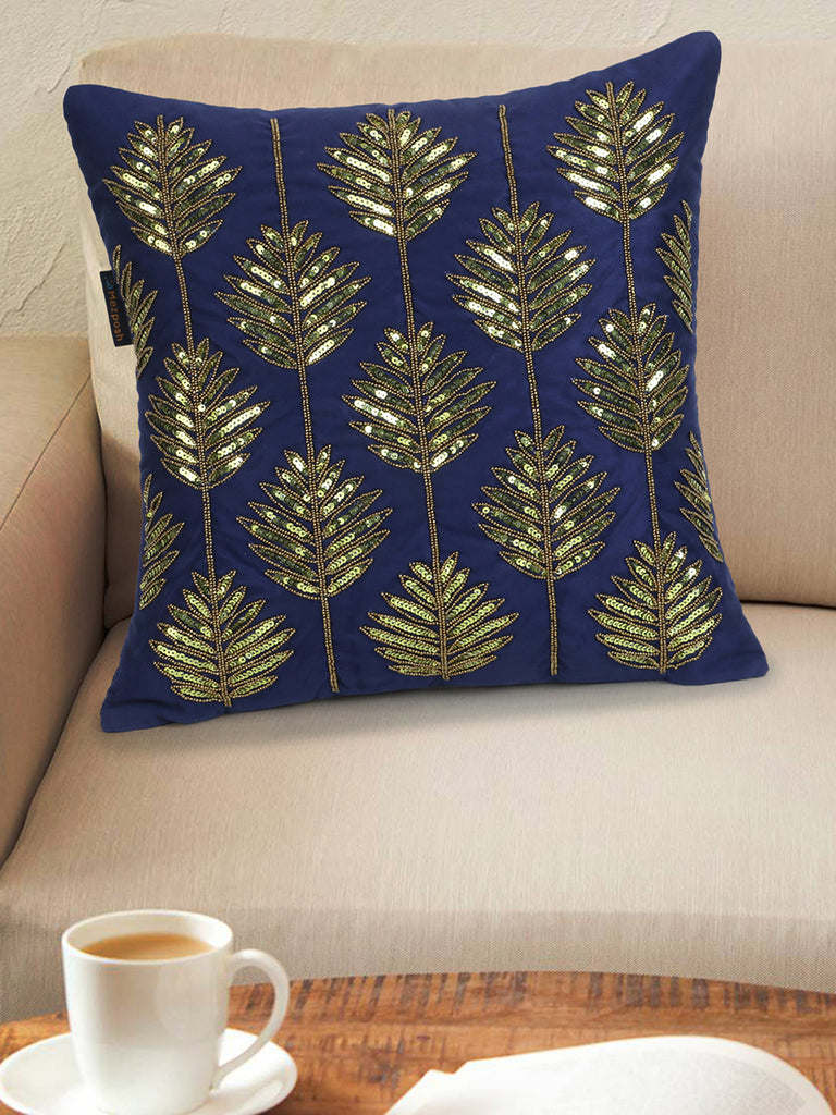 Dazzle Navy Blue & Lime Green Botanical Embellished Suede Cushion Cover (16"x16")