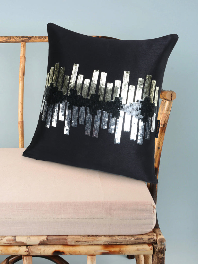 Dazzle Black, Gold & Silver Abstract Embellished Faux Silk Cushion Cover (16"x16")