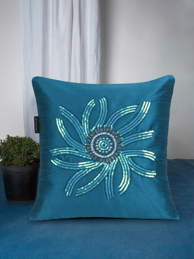 Dazzle Bottle Green Abstract Embellished Faux Silk Cushion Cover (16"x16")