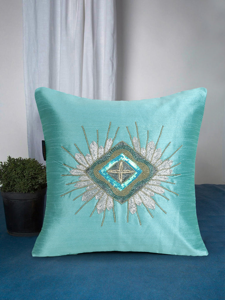 Dazzle Mint Green & Gold Quirky Embellished Faux Silk Cushion Cover (16"x16")