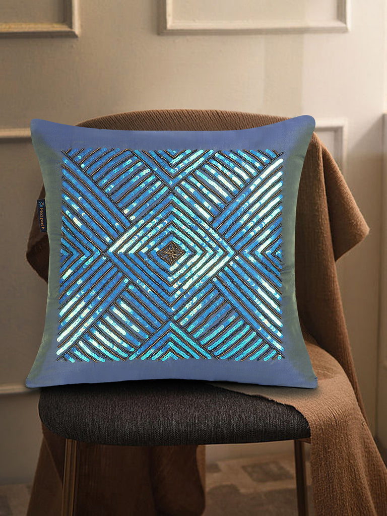 Dazzle Mauve & Tiffany Blue Geometric Embellished Faux Silk Cushion Cover (16"x16")