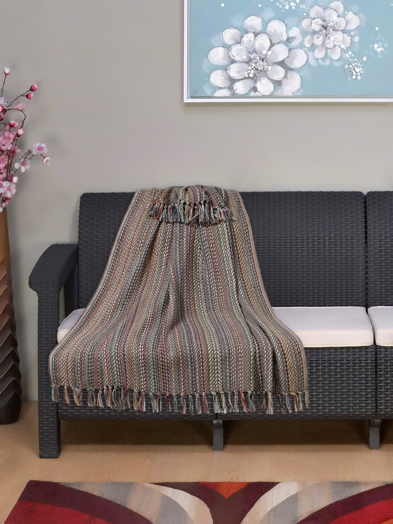 Stave Grey & Multi Striped Pattern Polycotton Sofa Throw (160 x 135 cm)