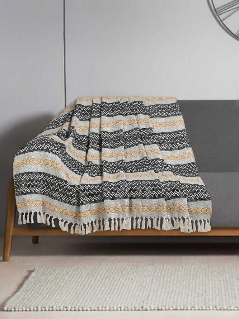 Stave Grey & Yellow Geometric Pattern Polycotton Sofa Throw (250 x 170 cm)