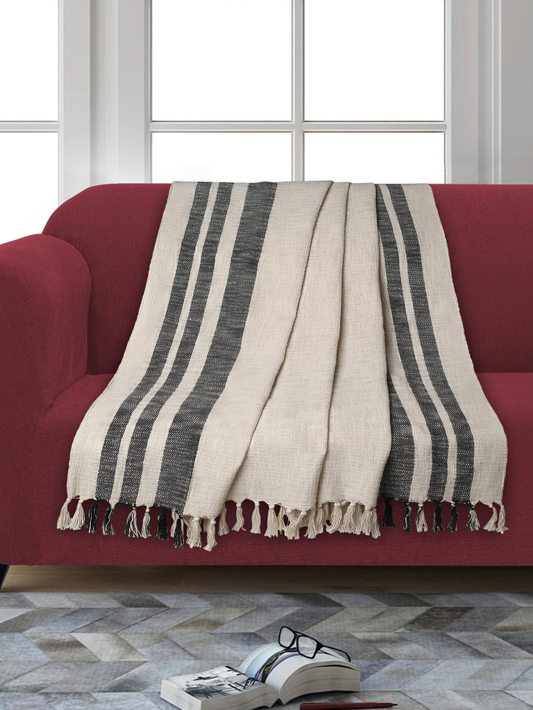 Cream & Black Cotton Viscose Blend Striped Sofa Throw  (180x140cm)