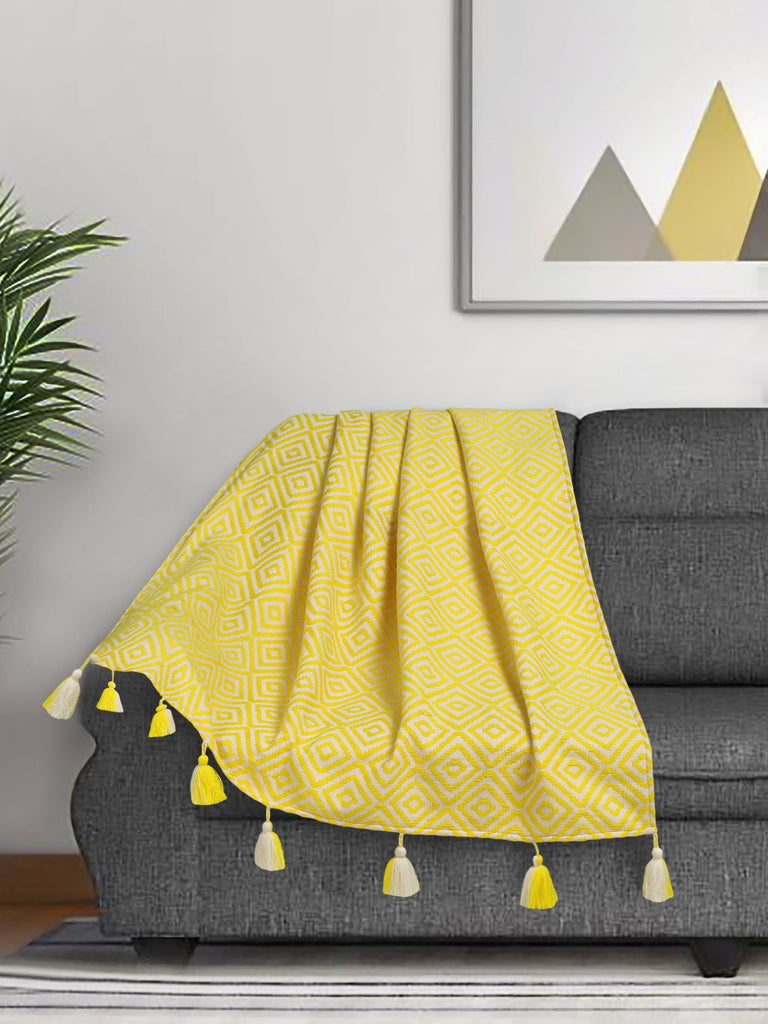 Acoustic Neon Yellow & White Diamond Pattern Cotton Acrylic Sofa Throw (170 x 130 cm)