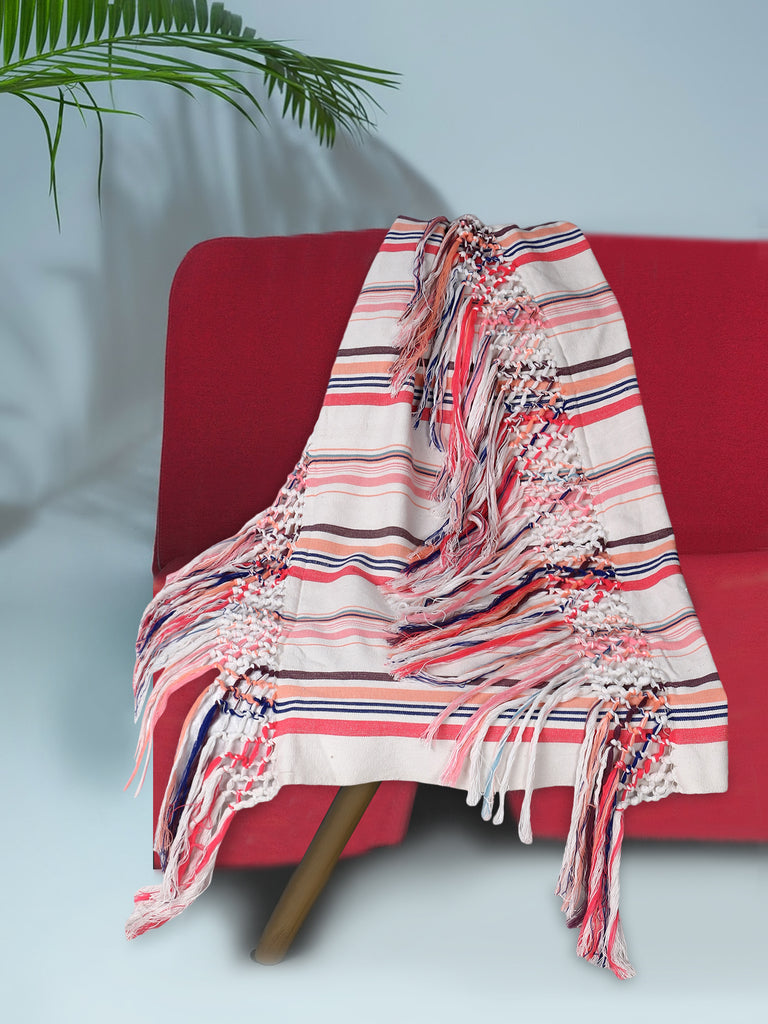 Stave White & Neon Multi Striped Cotton Sofa Throw with Tassels (150x70 cm)