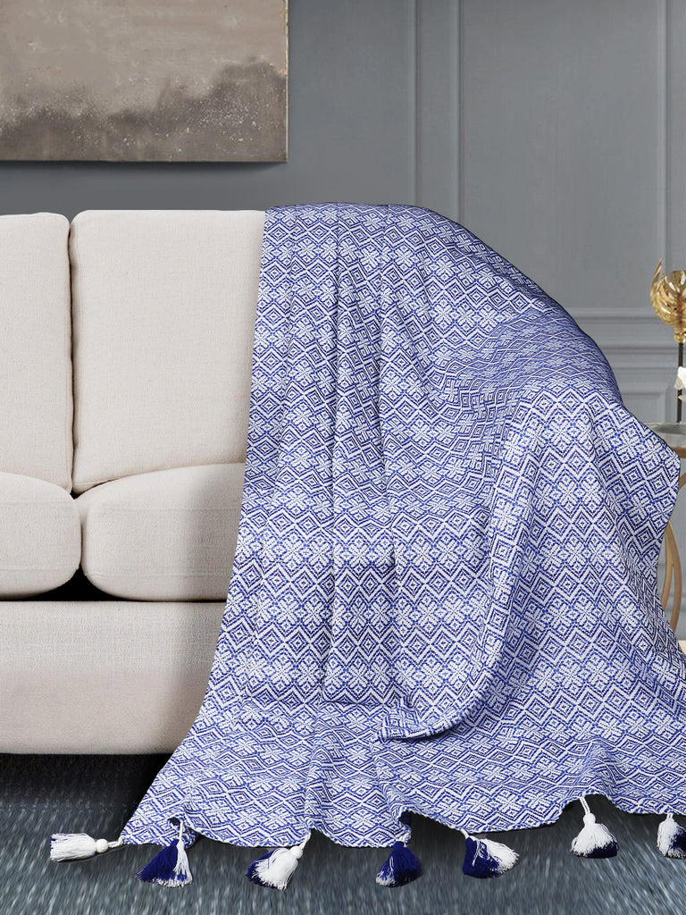 White & Blue Geometric Cotton Acrylic Jacquard Sofa Throw (2 Seater)