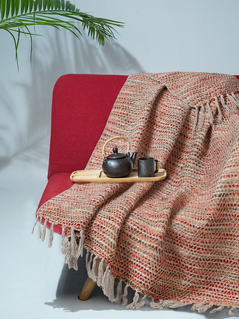 Motley Coral & Multi Striped Pattern Cotton Acrylic Sofa Throw (150 x 130 cm)