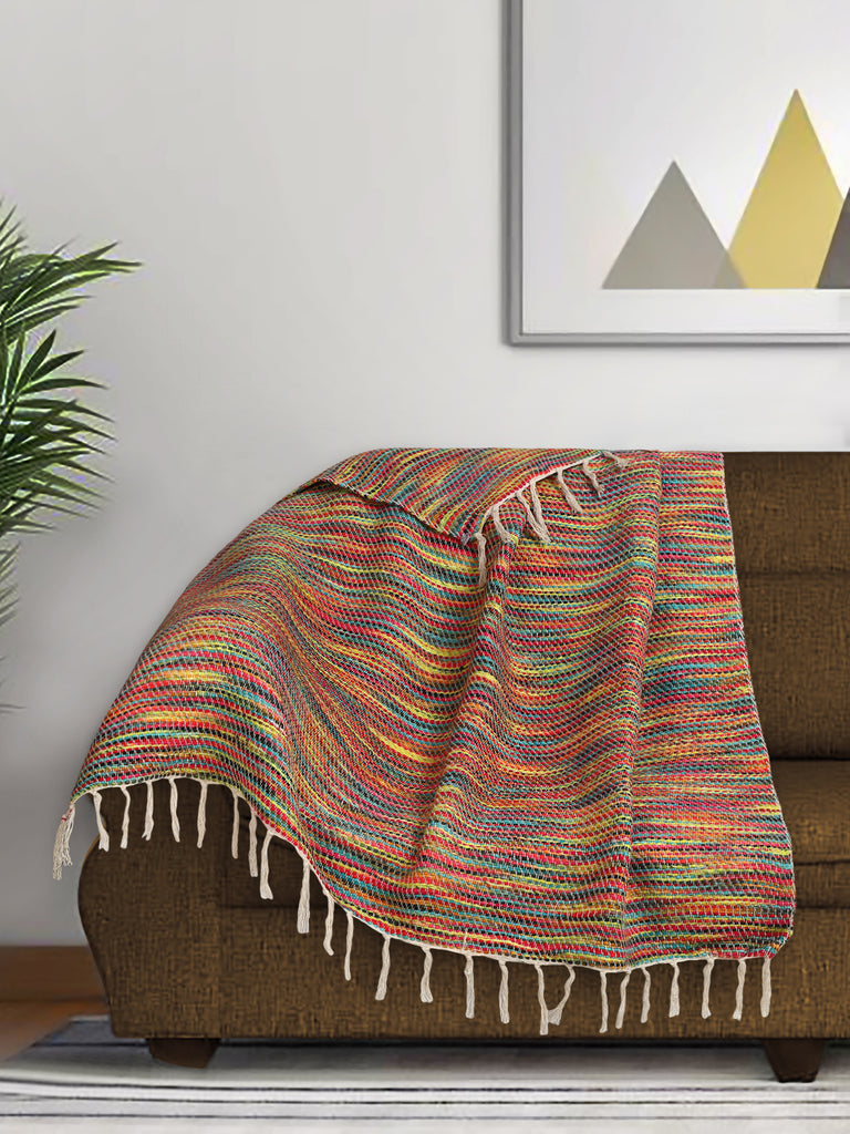 Motley Multicolor Striped Pattern Cotton Acrylic Sofa Throw (160 x 130 cm)