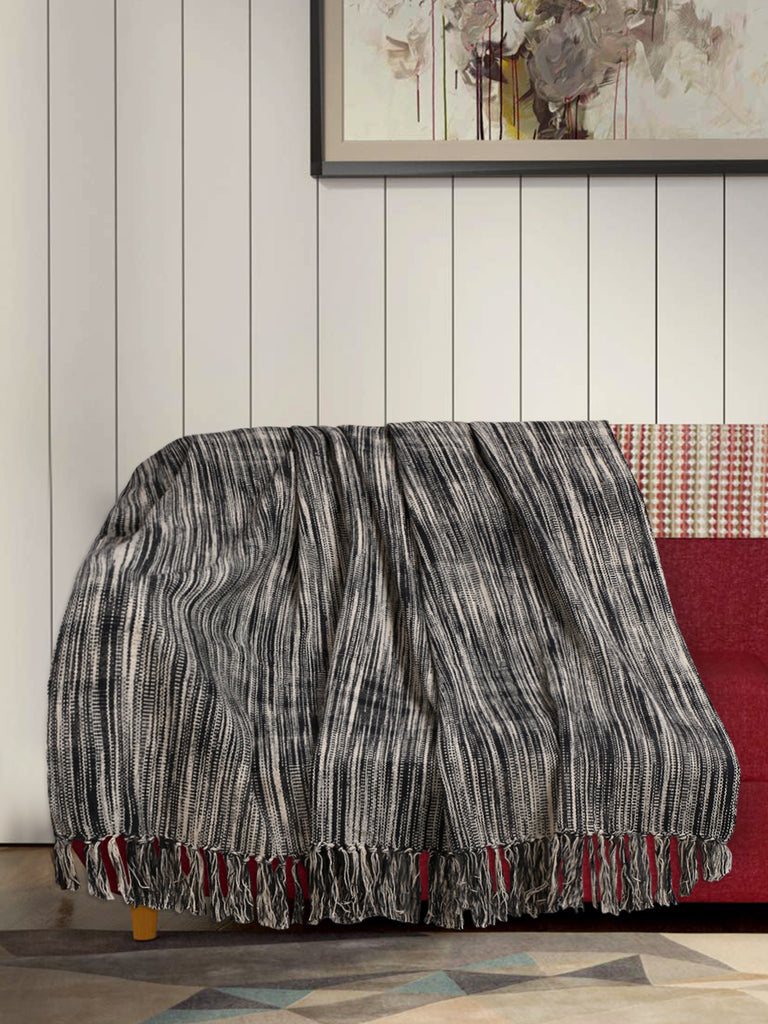 Deviant Black & Natural Striped Pattern Cotton Sofa Throw (180 x 130 cm)